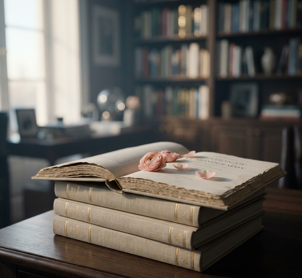Stack of books with a pink flower on a wooden table in a room with bookshelves.